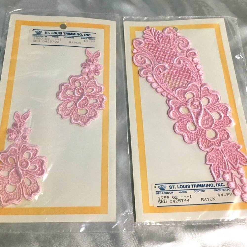 Vintage St Louis Trimming Pink Lace Applique Patches Floral Motif Set of 2
